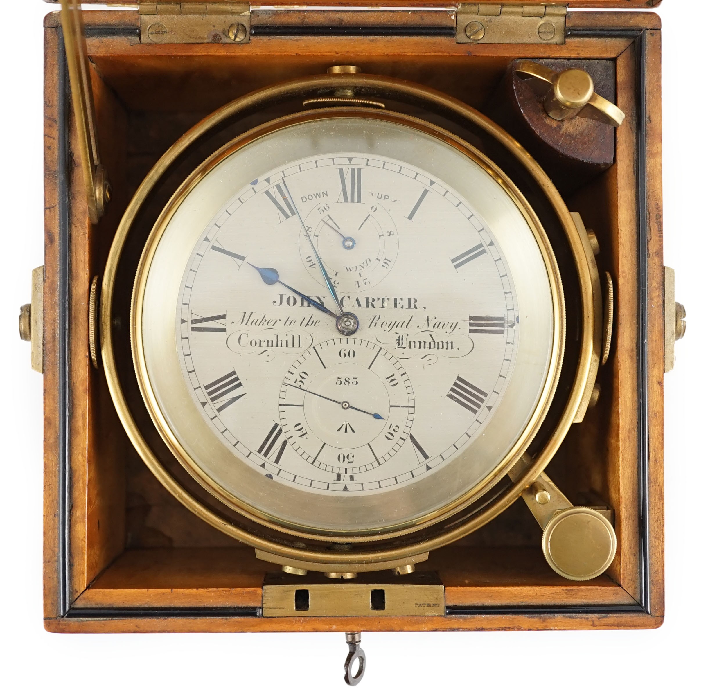 John Carter, Cornhill, London. Maker to the Royal Navy. A brass bound birds eye maple cased two day Marine Chronometer, width 16cm depth 16cm height 16.5cm